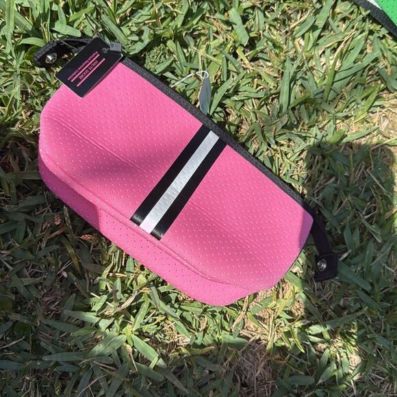 Pink Striped Cosmetic Pouch Neoprene NWT Travel Case - Picture 2 of 3